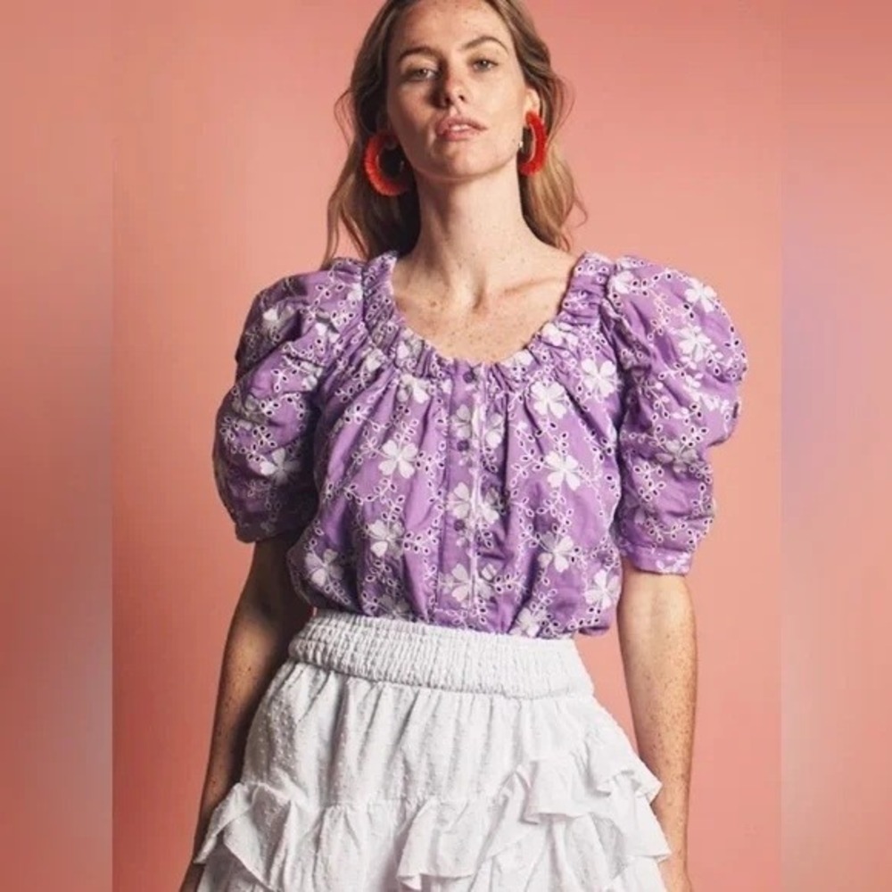 The Shirt By Rochelle Behrens The French Girl Shirt Size M Purple Floral Eyelet